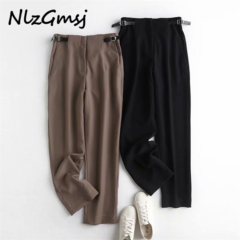 

Nlzgmsj England Style Office Lady Fashion Side of Buckle Straight Pant Pantalones Mujer Pantalon Femme Trousers 210628, As picture