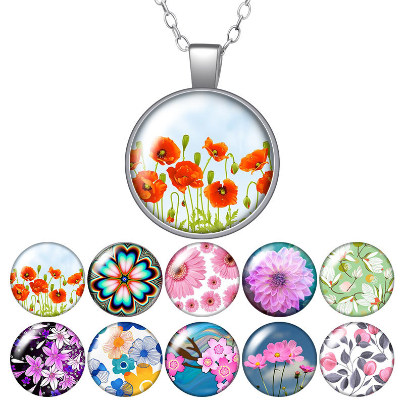 

Flowers Corn Poppy Daisy Blossoms Round Pendant Necklace 25mm Glass Cabochon Silver Plated Jewelry Women Birthday Gift 50cm