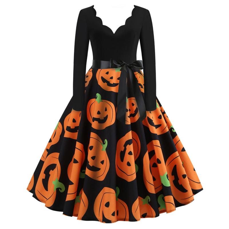 

Maternity Dresses Women Dress Winter Long Sleeve V Neck Pumpkin Print Halloween Costume Party Casual Vintage Plus Size S~XXL Clothing, White