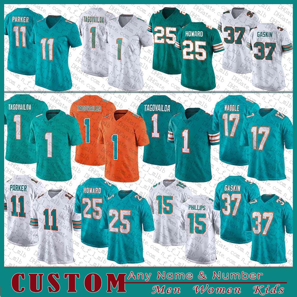 

1 Tua Tagovailoa Custom Football jersey 17 Jaylen Waddle 25 Xavien Howard 15 Jaelan Phillips DeVante Parker Mike Gesicki Dan Marino MiamiDolphinMyles Gaskin, Shown