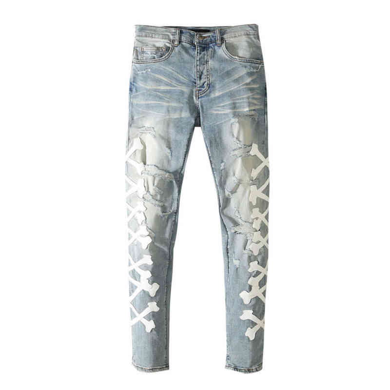 

American famous brand Amr Bone Patch Vegetables Ripped Jeans Men's Broek Men's Broek Streetwear Traf Man Broek Men's jeans, Blue