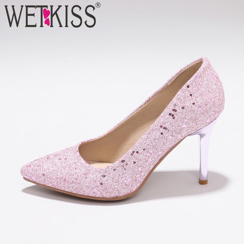 

Dress Shoes WETKISS Thin High Heels Women Pumps 2021 Fashion Bling Wedding Ladies Shallow Pointed Toe Rubber Footwear Big Size 48, Black