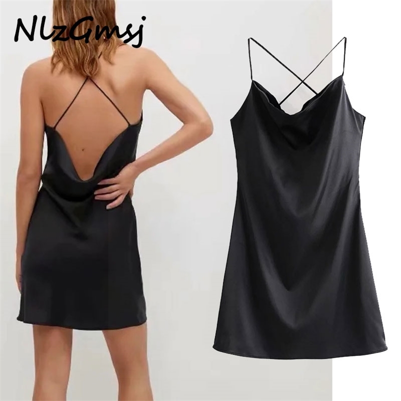 

Dres Black Rear Back Cross Suspender V Neck Sleeveless Backless Sexy Female Mini es 210628, As picture
