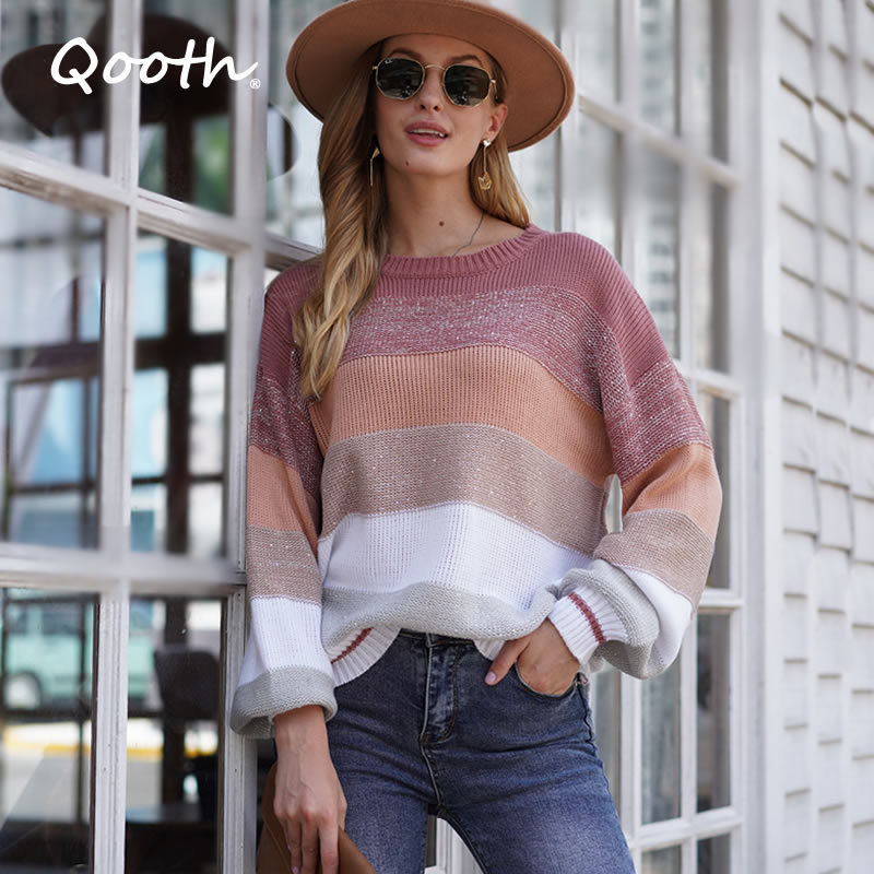 

Qooth Loose Jumper Women Crochet Top Knitwear Stripe Long Sleeve Pullover Sweaters Women Loose Casual Top QT338 210518, Blue