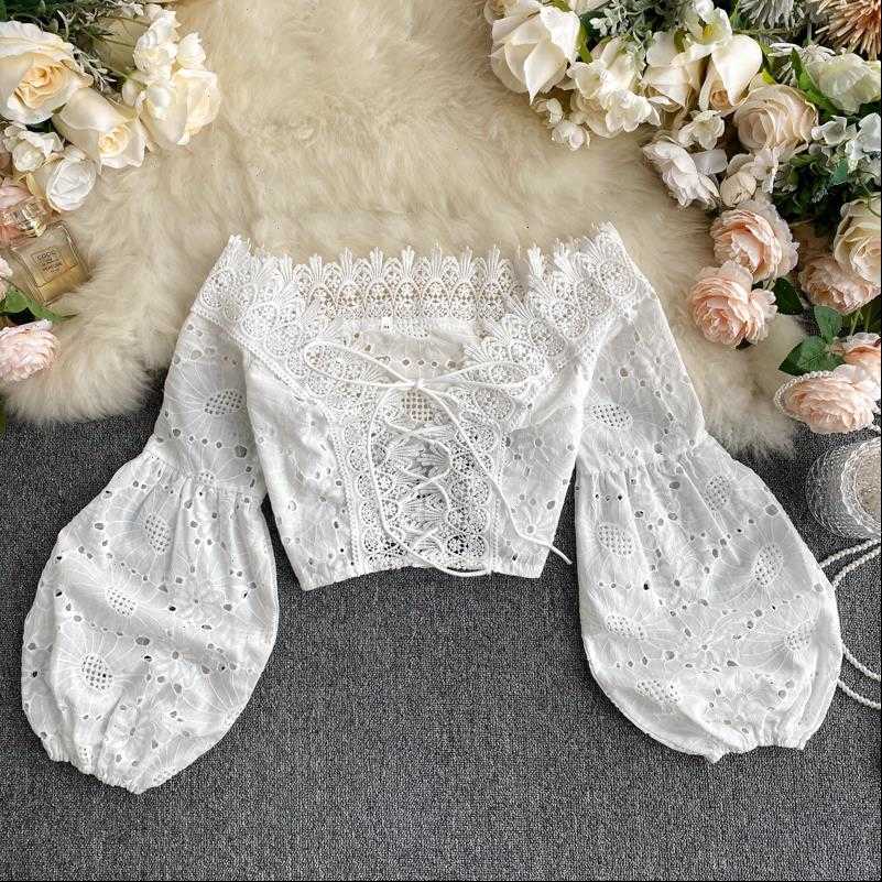 

women ins blouses hollow lace short crop holiday female v neck long lantern sleeve elegant blouse shirts, White