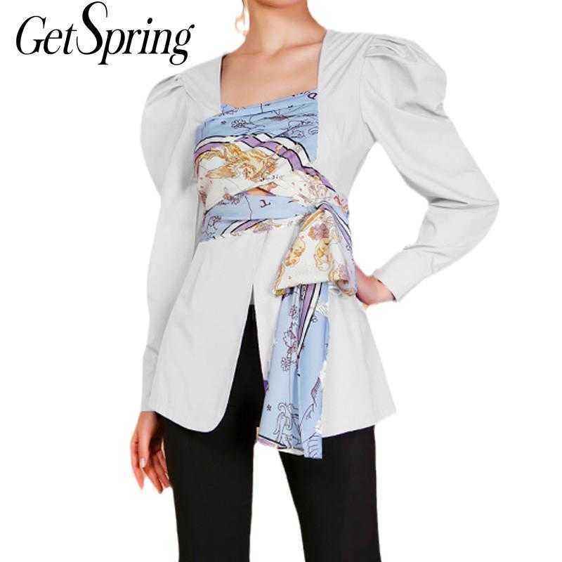 

GetSpring Women Blouse Temperament Shirt Silk Scarves Bandages Ladies Tops Irregular Fake Two Woman Spring 210601, White