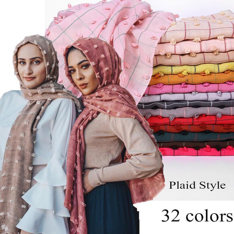 

Plain Turkish Style Pom Cotton Hijab Scarf Muslim Shawl Solid Color Plaid Headband Wrap Turban Shawls Scarves 10PCS/Lot1
