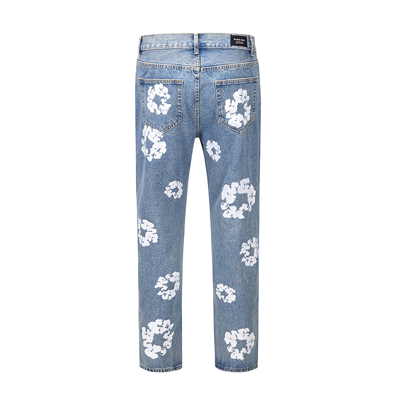 

Flower Full Print Jeans Pants Oversized Streetwear Straight Casual Men and Women Denim, White