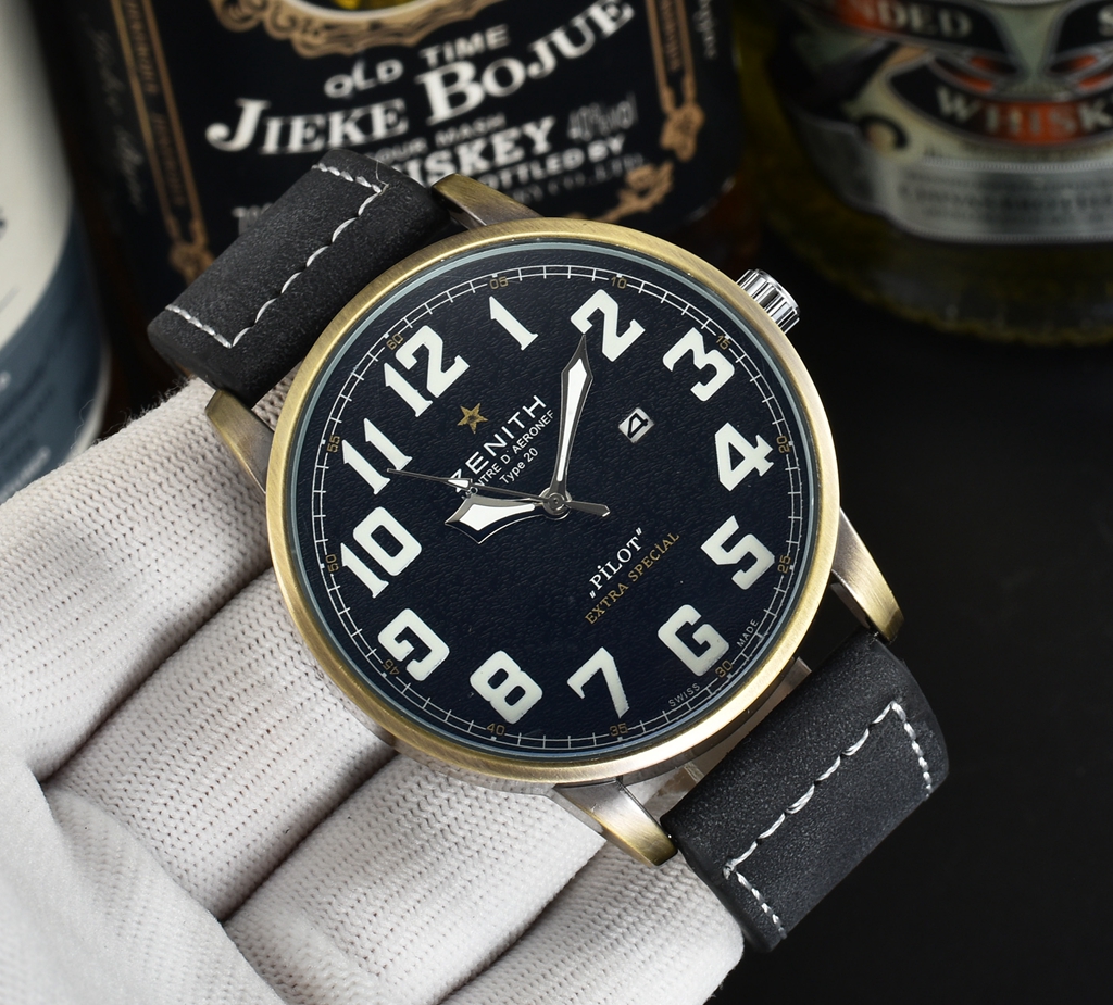 2021 Haute Qualité Mens de luxe Série de travail à trois aiguilles avec fonction de calendrier Quartz Montre Zenit Montres-bracelets rond Cuir Ce