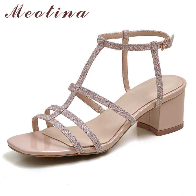 

Meotina Narrow Band High Heel Sandals Women Shoes Square Toe Thick Heels Female Sandals Bling Summer Dress Shoes Ladies Sliver 210608, Pink