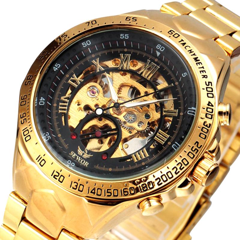 

Top Sport Designer Bezel Gold Skeleton Mechanical Watch Men Military Stainless Steel Clock Wristwatches, Slivery;brown