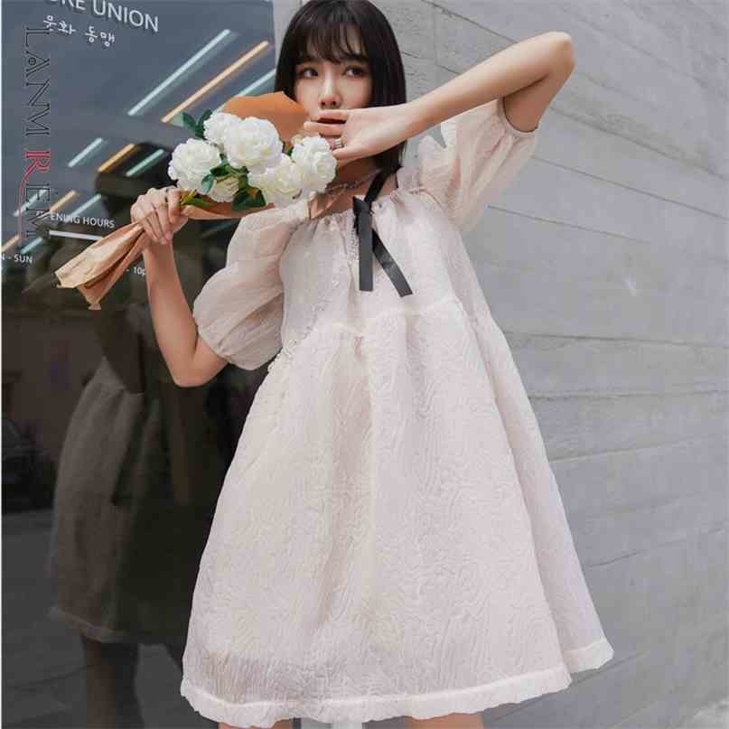 

Women Dress Bubble Sleeve Square Neck Folds High Waist Temperament Loose Fit Fashion Summer 2H610 210526, Pink