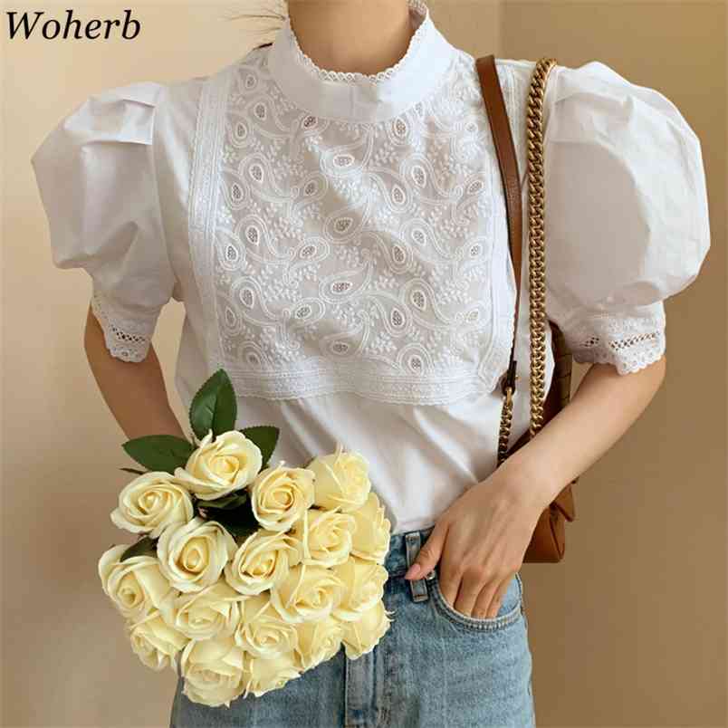 

Embroidery Blouse Sweet All-Match Casual White Shirt Female Retro Women Loose O-Neck Shirts Solid Tops Blusas 210519