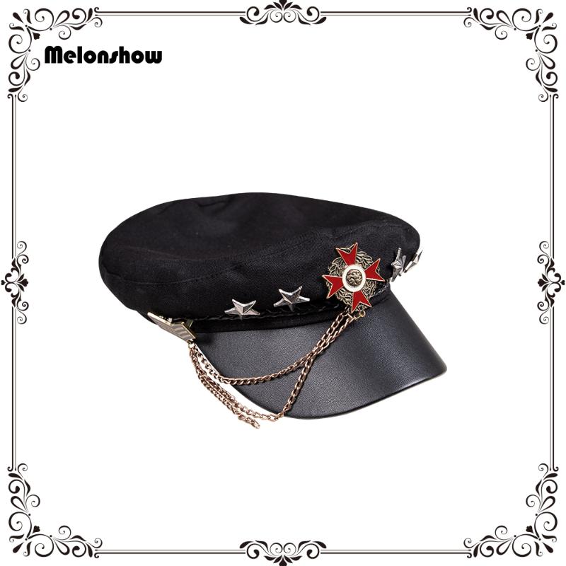 

Berets Melonshow Military Hat Woman Black Cotton Beret Flat Top Hats Female Headgear Girls Lolita Accessories Sun Casual Cap Star Badge