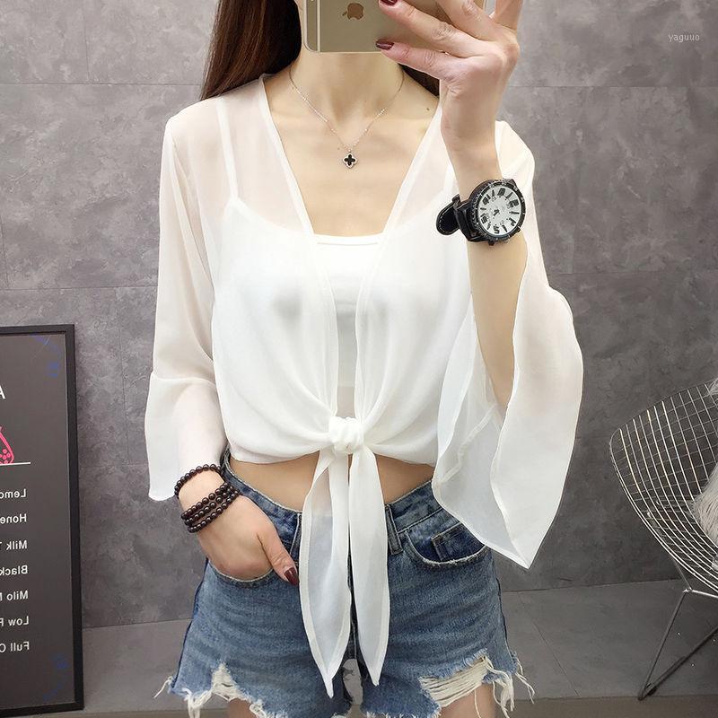 

Women Beach Wear Summer Short Chiffon Shirt Kimono Cardigan White Black Casual Ladies Tops Blouse Shirts Plus Size 2021 Women's Swimwear