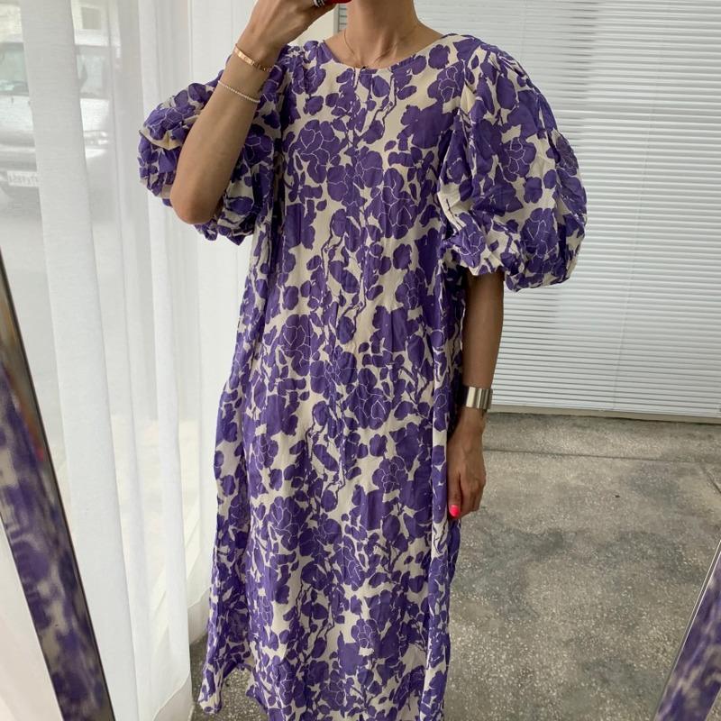 

Casual Dresses O Neck Puff Sleeve Summer Dress Women Robe Femme Loose Floral Printed Female Korean Vintage Vestidos 14389, Black;gray