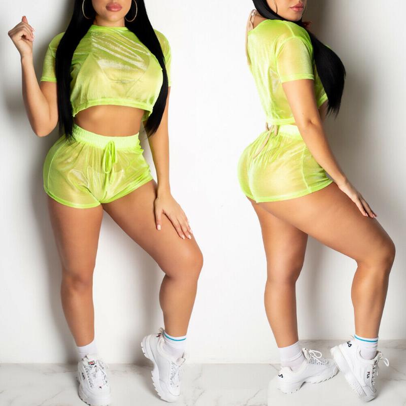 

Womens Holiday 2Pcs Cover-Ups Set Short Sleeve Crop Top Elastic Waist Shorts Summer See Through Beachwear Bikini Mini Sarongs