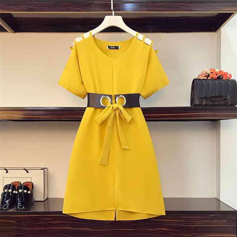 

Fashion Elegant Office Lady Solid Plus Size A-line Dress for Women Summer Strapless Hollow Sashes Knee-length Tshirt 210602, Black