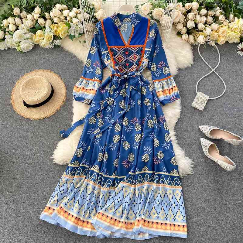 

Retro Women Long Dress Spring Autumn Slim Sleeve V Neck Vintage Printed Bandage Dresses Ladies Boho Robe Vestidos 210602