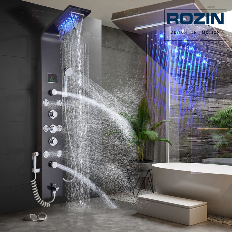 

LED Light Shower Faucet Bathroom Waterfall Rain Black Shower Panel In Wall Shower System with Spa Massage Sprayer and Bidet Tap