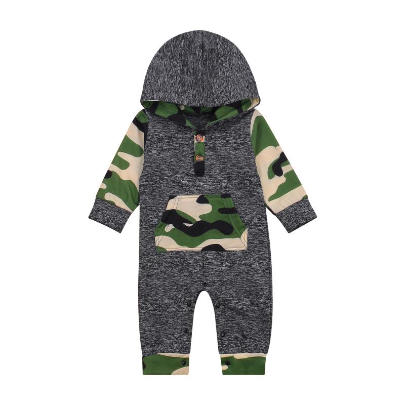 

Jumpsuits Born Baby Boys Hooded Jumpsuit Camo Patchwork Fashion Long Sleeve Romper For Kids Spring Autumn, Beige