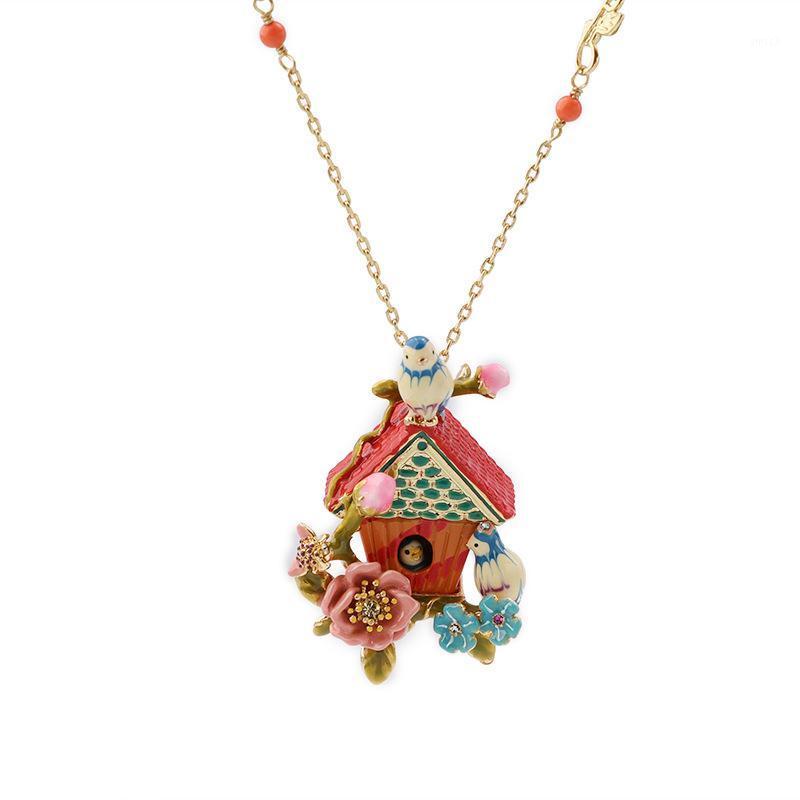 

Chains French Style Enamel Glaze Gold-plated Long Necklace Blue Tit Love Bird Little House Rose Ladies Sweater Chain