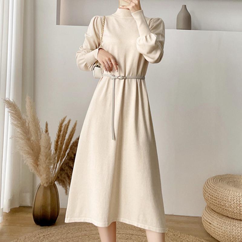 

Casual Dresses French Knit Dress Ladies Mid Length Base Slim Autumn Lantern Sleeve 2021 Green Apricot Black Style Type, Beige
