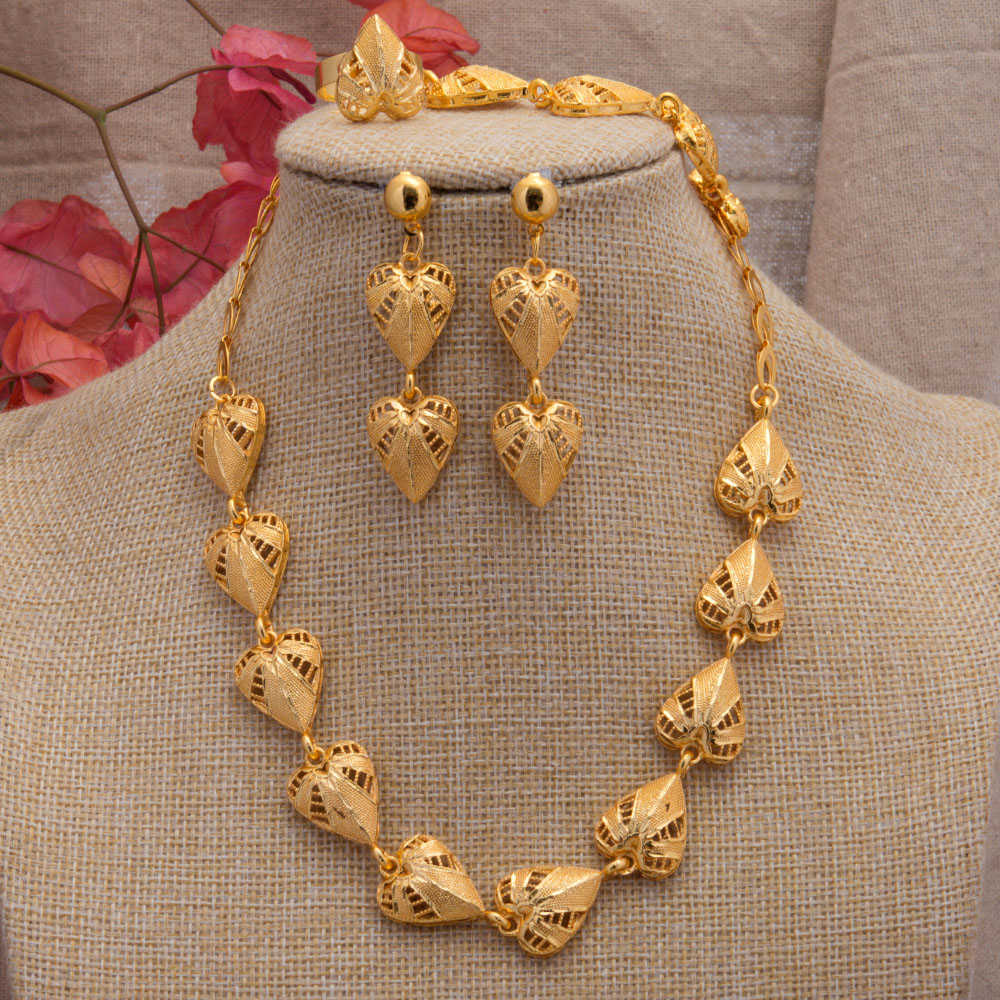 

24K Dubai Gold Jewelry Sets For Women African Bridal Wedding Gifts party Necklace Hearth Earrings Ring Bracelet jewellery set 210619, Gold-color