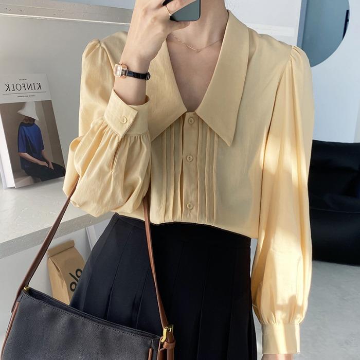 

Women's Blouses & Shirts Shirt Women Spring Summer 2021 Retro Doll Collar Lantern Sleeve Solid Color Single-breasted Womens Tops, Blue