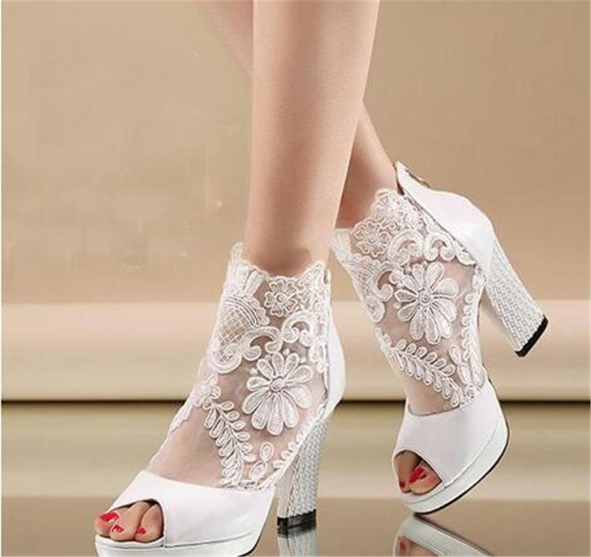

New Fashion Peep Toe Summer Wedding Boots Sexy White Lace Prom Evening Party Shoes Bridal High Heels Lady Formal Dress Shoes