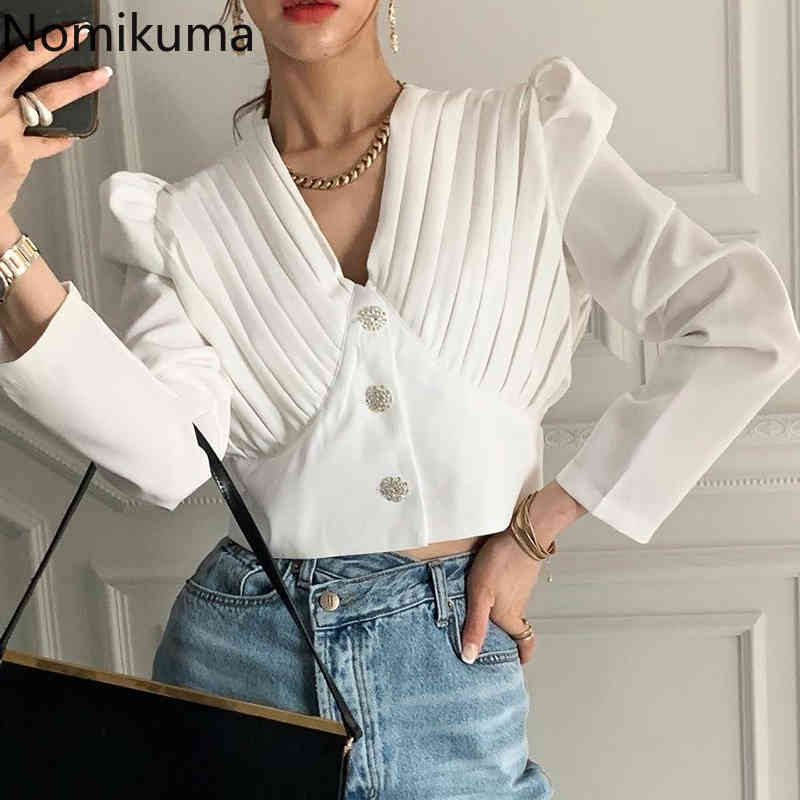 Nomikuma Spring Korean Fashion Chic Blouse Pleated V-neck Puff Sleeve Shirt Causal Single Breasted Short Blusas Top 6F762 210427