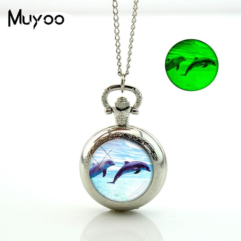 

Pendant Necklaces 2021 Dolphin Pocket Watch Vintage Long Chain Glowing Round Hand Craft Jewelry Glass Dome Necklace