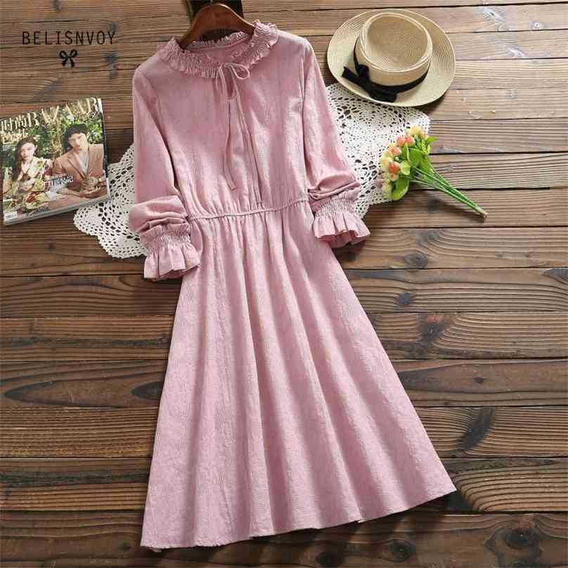 

Mori Girl Blue Pink Vintage Dress Spring Autumn Women Long Sleeve Cotton Linen Lace-up Elegant Vestidos Female Jacquard Dresses 210520