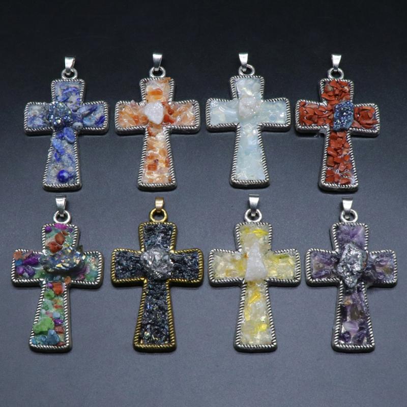 

Pendant Necklaces Selling Natural Semi-precious Stones Necklace Colorful Crystal Stone Cross Jewelry Size 43x60mm Chain Length 45cm, Silver