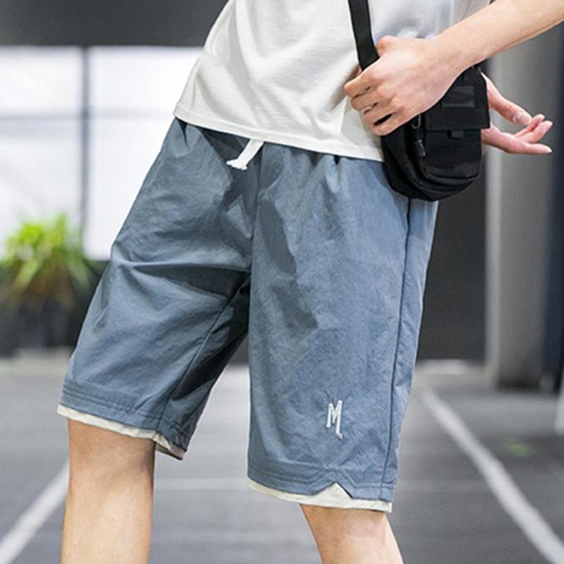 

Men's Shorts Men Casual Patchwork Design Fake Two Pieces Straight Retro Harajuku Streetwear Knee-length Trousers Drawstring Stylish, Light blue