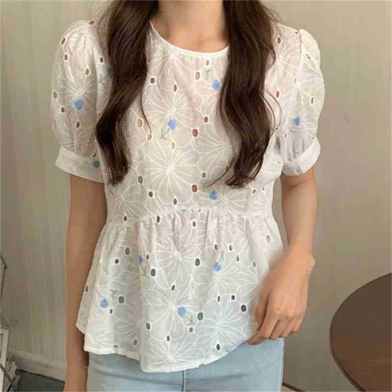 

White Hollow Out Plus Size Summer Tops Sweet Lady Gentle Slim Outwear Sexy Femme Chic Streetwear Loose Blouses 210525, Photo color