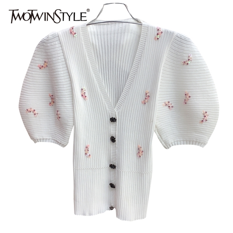 

Elegant Patchwork Diamond Knitted Tops For Women V Neck Puff Sleeve Slim T Shirt Female Fashion Clothing 210524, White