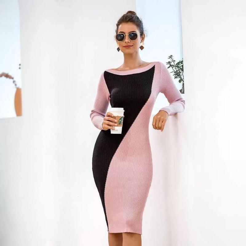 

Casual Dresses Autumn/winter Fashion Slim Contrast Color Bag Hip Dress Bottoming Shirt Women Stitching Women2021, Black