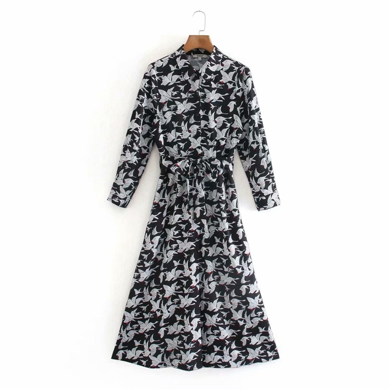 

Women Spring Casual Long Sleeve Floral Shirt Dress Turn Down Collar A-line Mid Calf Elegant Midi Female NX9837 210525, Black