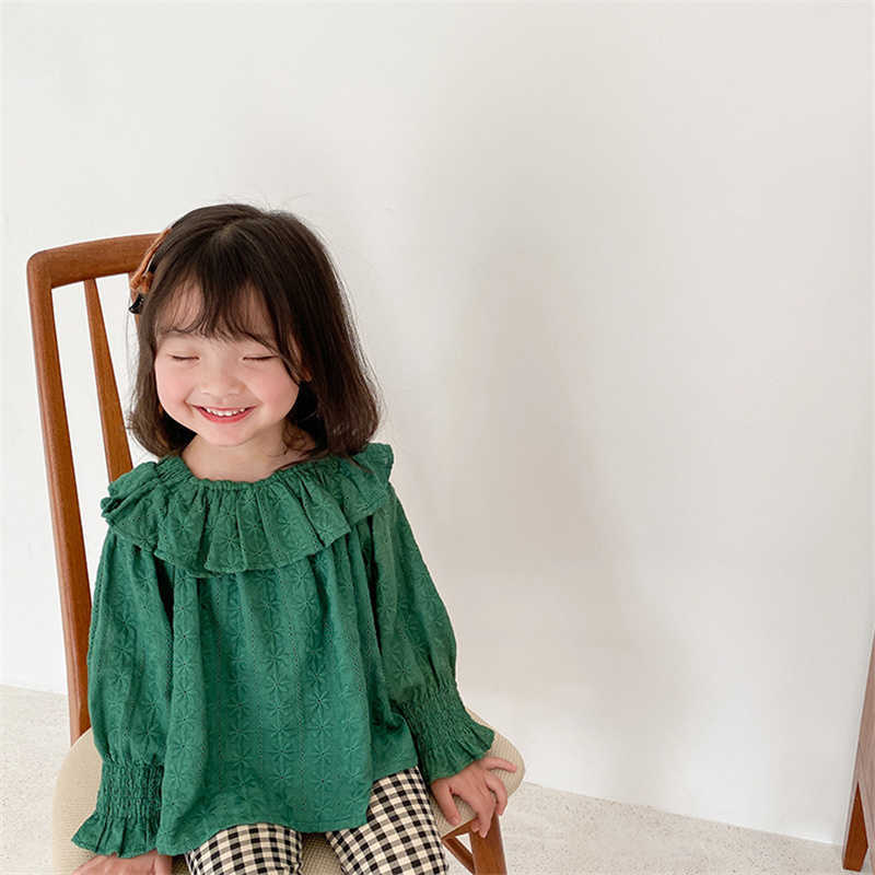 

Spring cute baby girls double-deck embroidery lace blouses children korean style casual Tops 210615, White