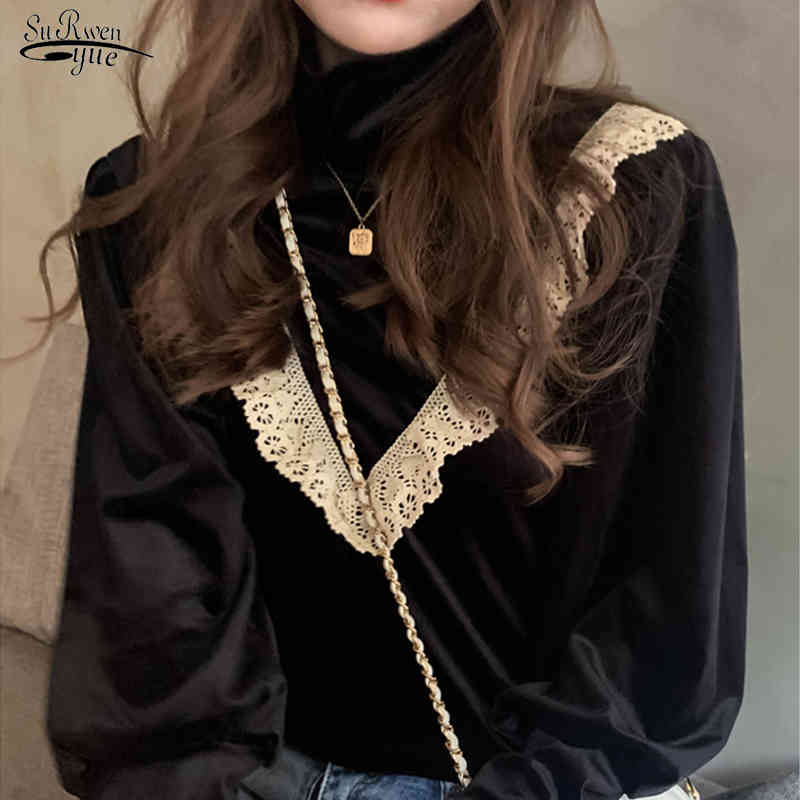

Autumn Office Lady Elegant Long Sleeve Pullover Shirts Vintage Black Velour Women Blouse with Lace Solid Female Clothing 12494 210521