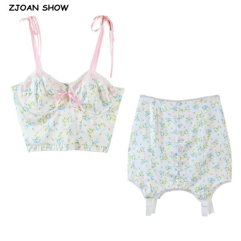 

Bohemia Crop Top Elastic Hem Floral Print Bra Tank BOHO Sexy Women Waist Mini Short Skirt Ruched Camis 2 Pieces Set 210429, Turquoise