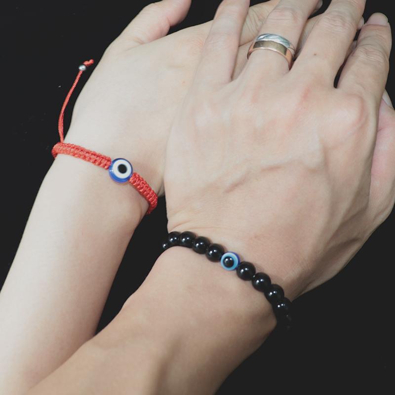 

Charm Bracelets 2 Pcs/Set Handmade Evil Eye Lovers Bracelet Hand Braided Red Rope Obsidian Turkish Couple Braslet For Women Men Jewelry