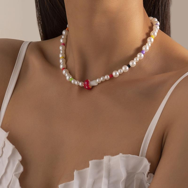 

Chokers Jewelry Retro Geometric Mushroom Imitation Pearl Clavicle Chain Pastoral Mixed Color Stitching Colorful Necklace