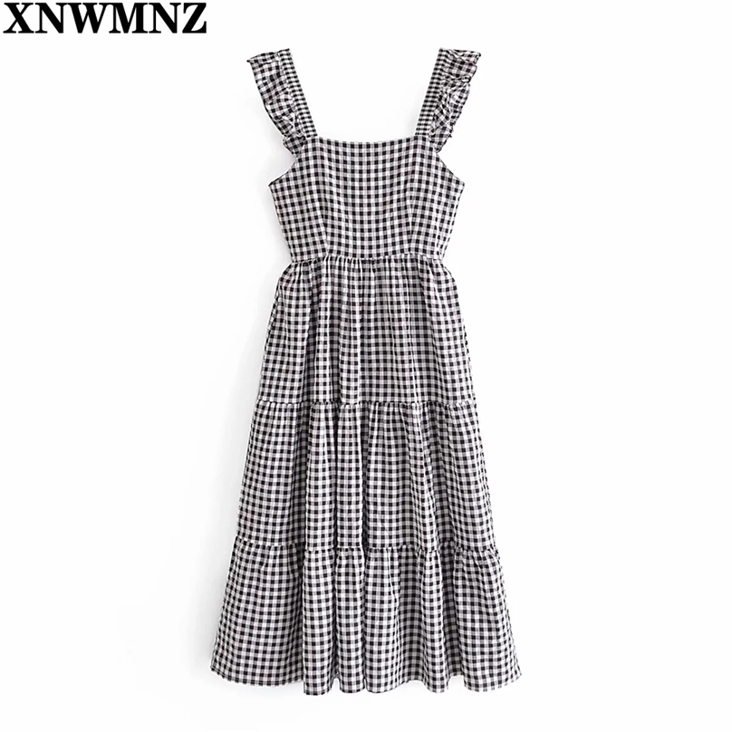

Summer Dress Plaid Casual es Black Sexy Spaghetti Strap Maxi Sundress Women's Fashion Ruffle Check Vestidos 210520, Black white