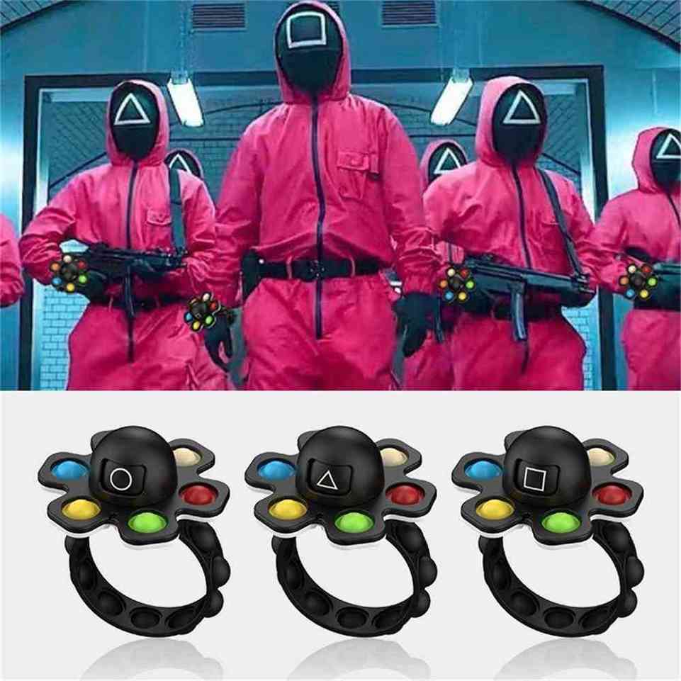 

TV Squid game wristband push bubble fidget bracelets cosplay masked Soldier wrist bands square triangle circle spinners fingertip toy kids c