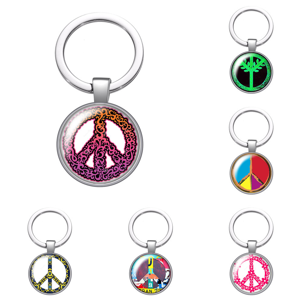 

Peace Sign Symbol Glass Cabochon Keychain Bag Car Key Chain Ring Holder Charms Silver Color Keychains Men Women Gifts