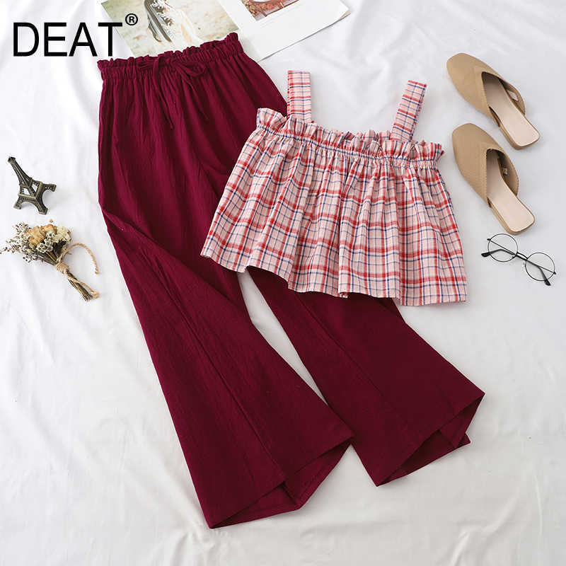 

DEAT Women Strapless Sling Plaid Long Pants Arrivals Temperament Two Piece Set Fashion Spring Summer 11D386 210709, Wine