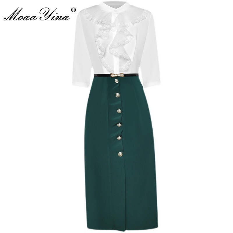 

Fashion Designer dress Spring Women's Dress Stand collar Lace Patchwork Ruffle Elegant Lady Office Midi Dresses 210524, Black