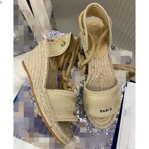 

Prad Fashion designer style ladies canvas thick bottom straw fisherman weave wedge summer beach embroidery strap high heel hm001